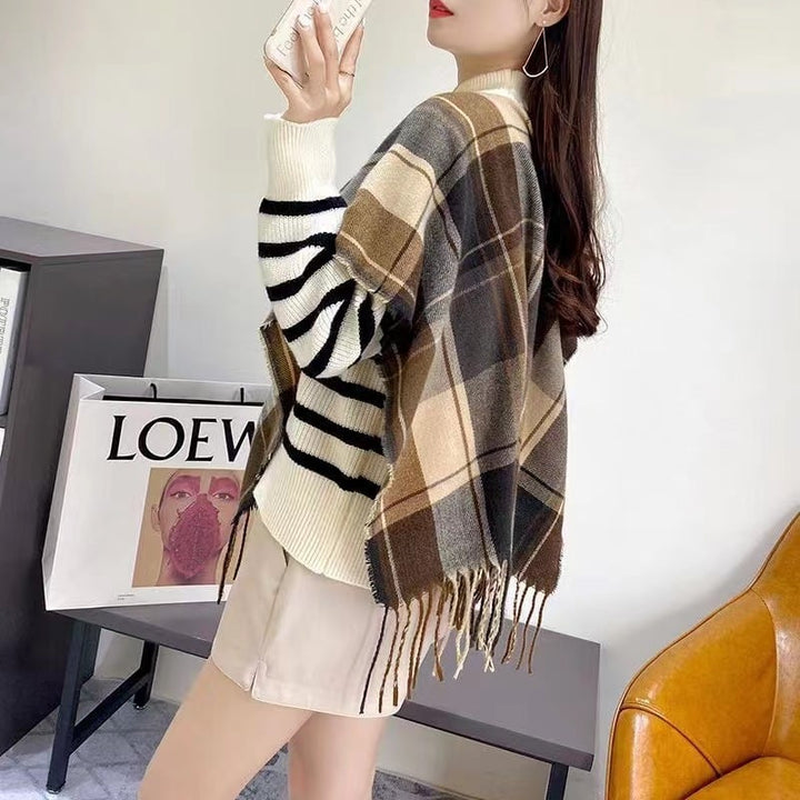 【tops】ドッキングチェック柄ニットセーター　M18371