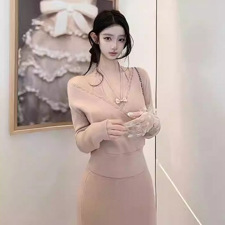 【set】レース付きニットトップス×ホルターネックワンピースセット Q7957