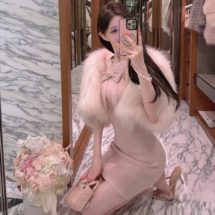 【dress】リボン付きホルターネックニットワンピース Q7374