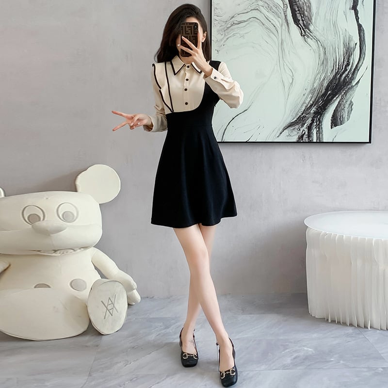 【dress】韓国系折り襟フリル切り替えデートワンピース　M17399