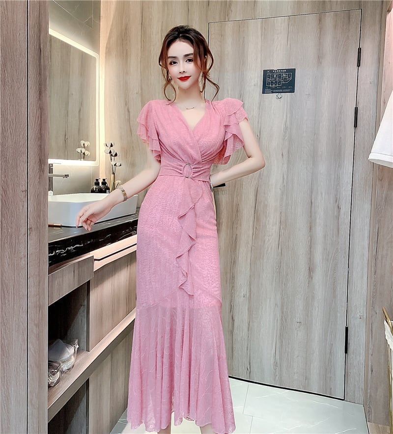 【dress】美人度アップVネックマーメイドワンピース　M17020