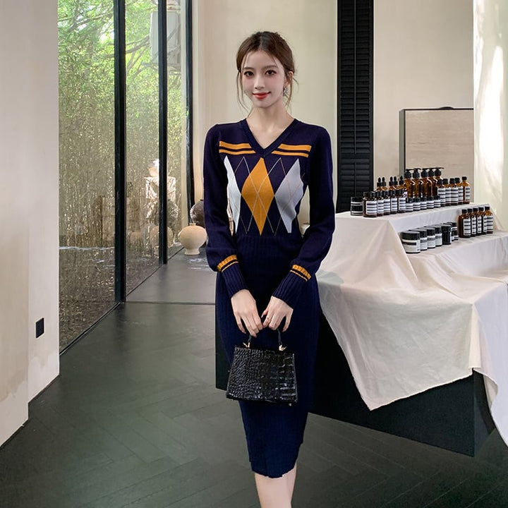 【dress】Vネックニットワンピース　M26546