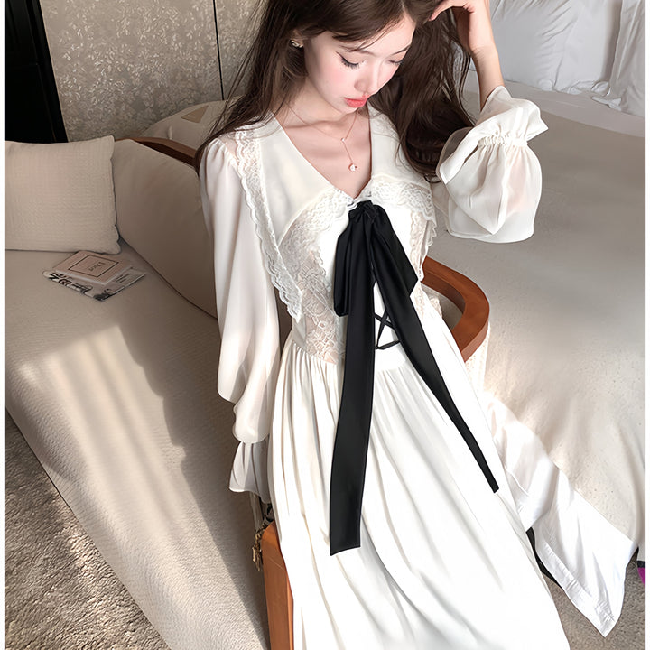 【dress】ビッグリボンレースドッキングロングワンピース　N3316