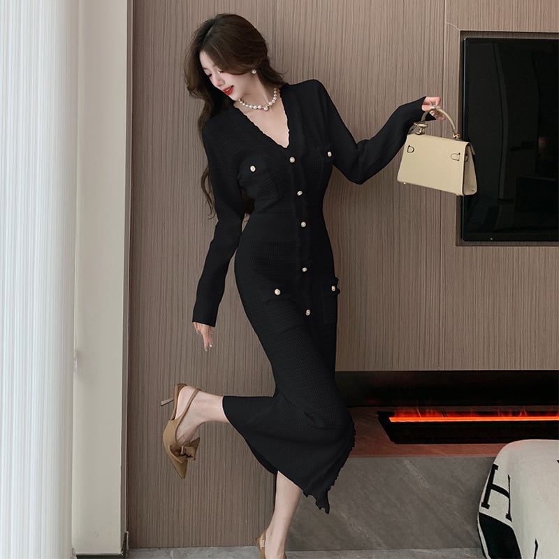 【dress】Vネックボタンデザインニットワンピース　M17919