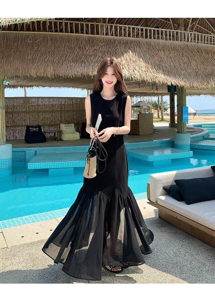 【dress】チュールドッキングロングワンピース　K0554