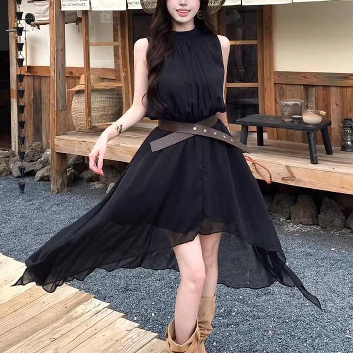 【dress】ベルト付きノースリーブシフォンイレヘムワンピース Q8263
