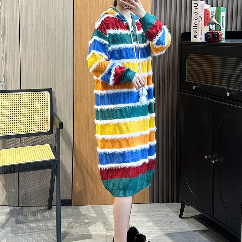 【dress】フード付きボーダー柄配色ニットワンピース　M18050