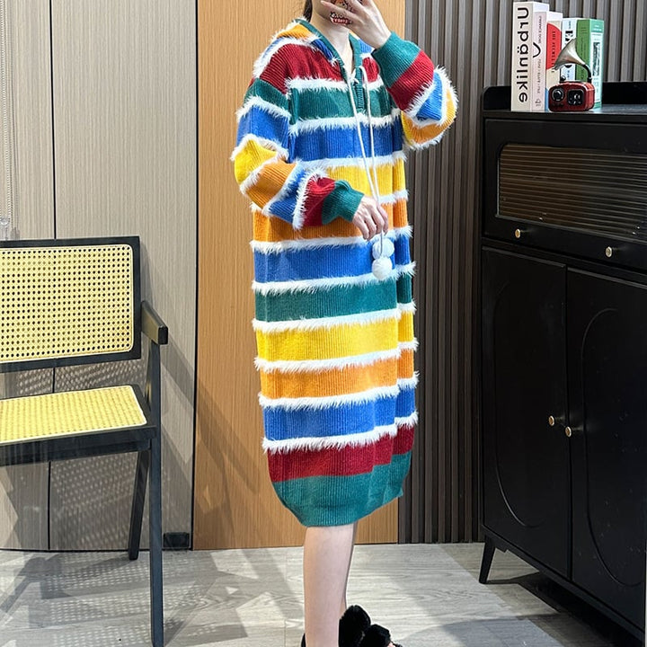 【dress】フード付きボーダー柄配色ニットワンピース　M18050