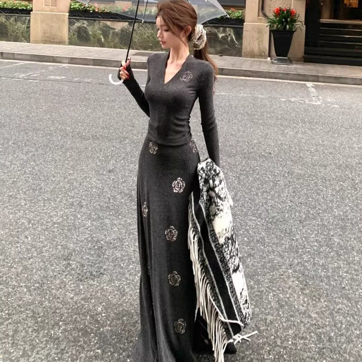 【set】Vネックトップス×ロングスカートセット Q7938