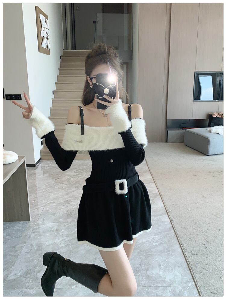 【dress】ニットワンピースベルト付き　M18537