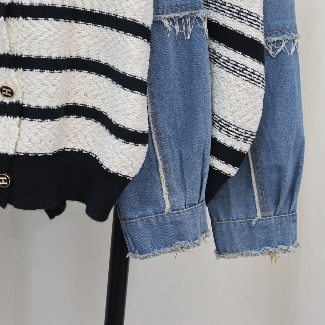 【outer】ボーダー柄ドッキングニットカーデ　M18291