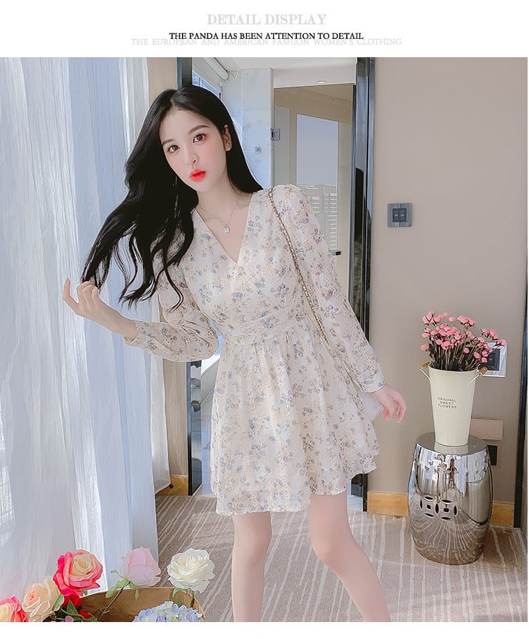 【dress】絶対流行Vネックスウィート花柄ワンピース　M17220