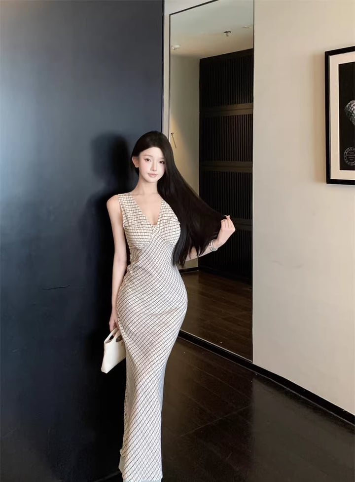 【dress】チェック柄ノースリーブロングワンピース Q8219