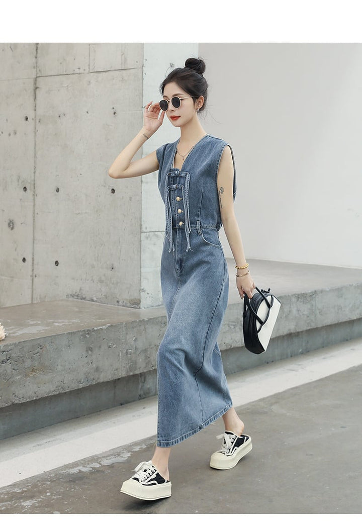 【dress】絶対流行ファッションノースリーブデニムワンピース　M16834