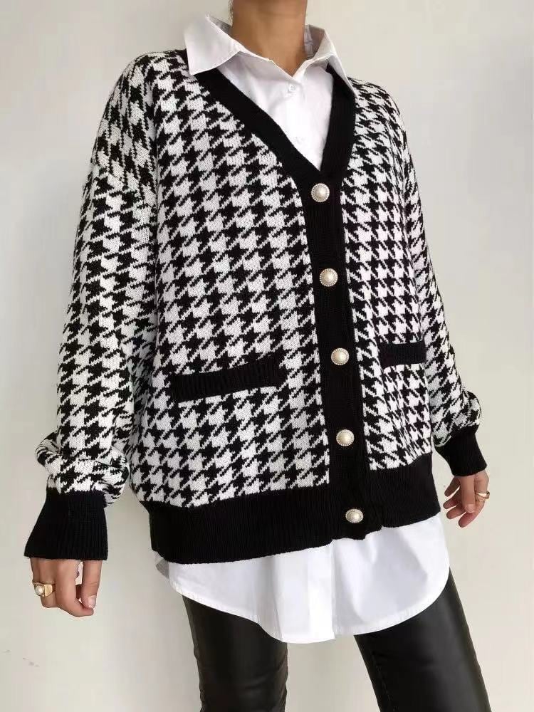【outer】Vネック千鳥格子ニットカーデ　M18123