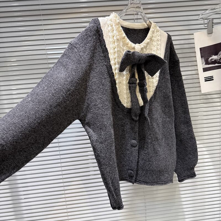 【outer】リボン付きフェイクレイヤードニットカーディガン Q7444