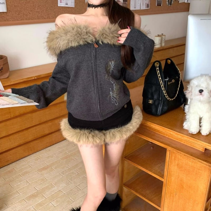 【set】ファーオフショルダートップス×ファーショートパンツセット Q7130