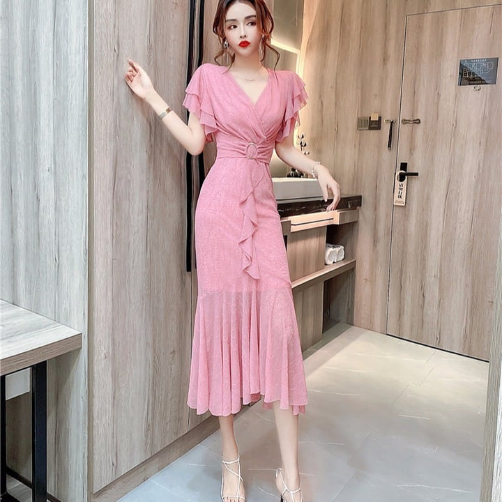 【dress】美人度アップVネックマーメイドワンピース　M17020