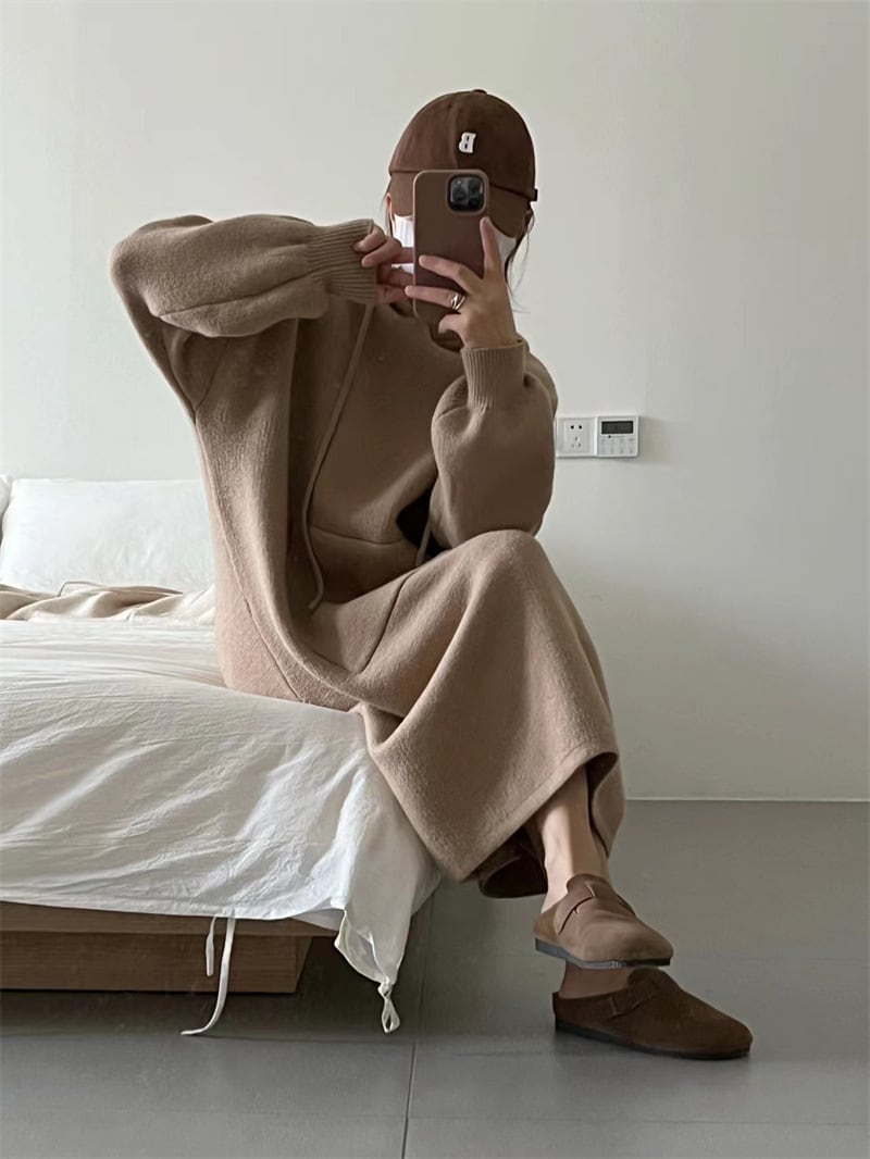 【dress】韓国系フード付きシンプルニットワンピース　M17525