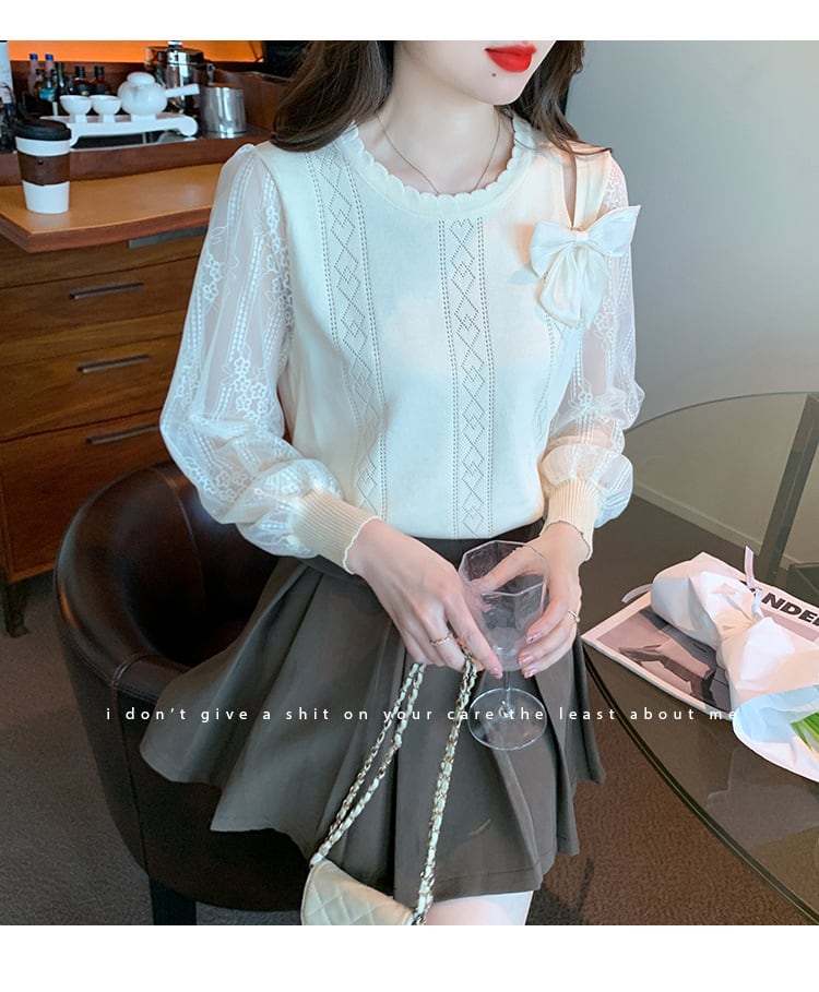 【tops】優しい雰囲気リボン付きレース切り替えトップス　M17185