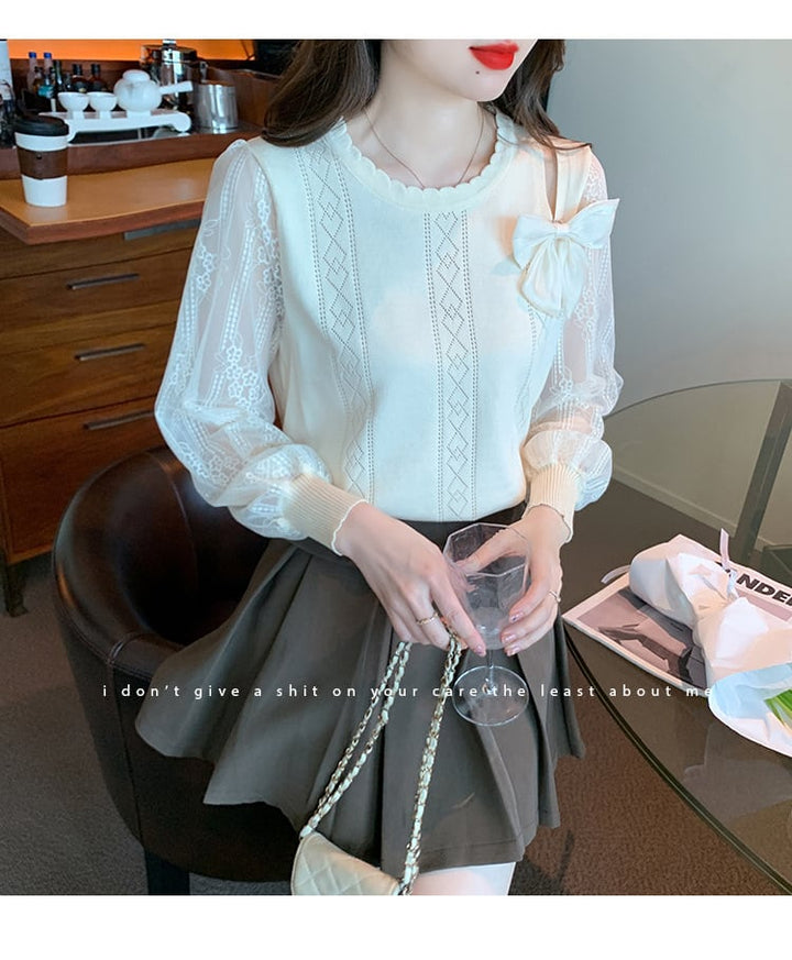 【tops】優しい雰囲気リボン付きレース切り替えトップス　M17185