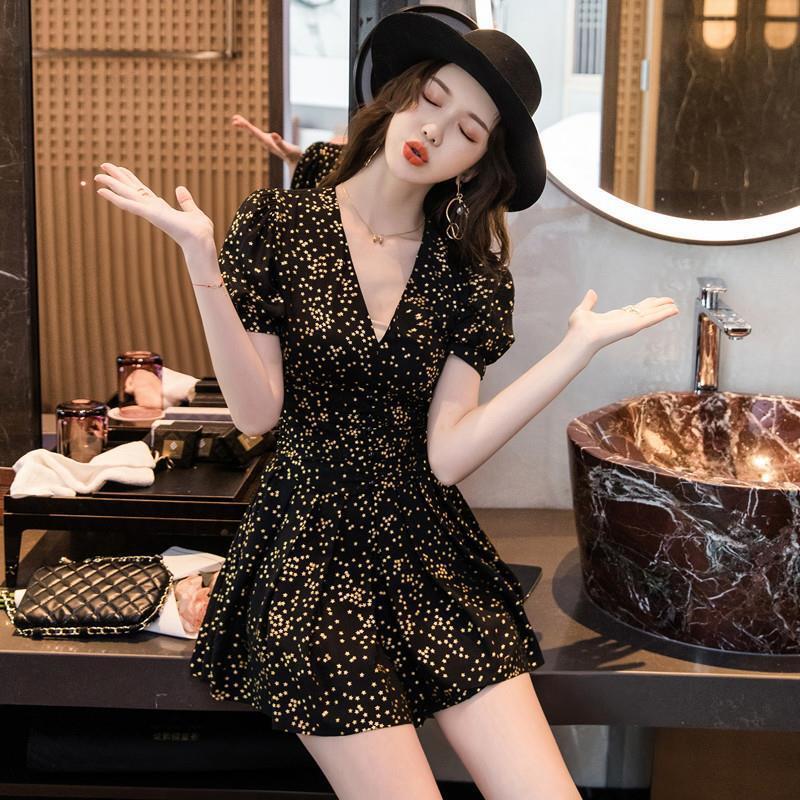 【dress】気質満点大人可愛いVネックプリントワンピース　M16932
