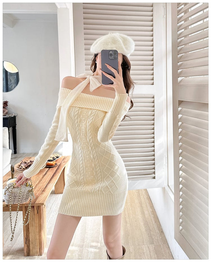 【dress】リボンオフショルニットワンピース　N2855