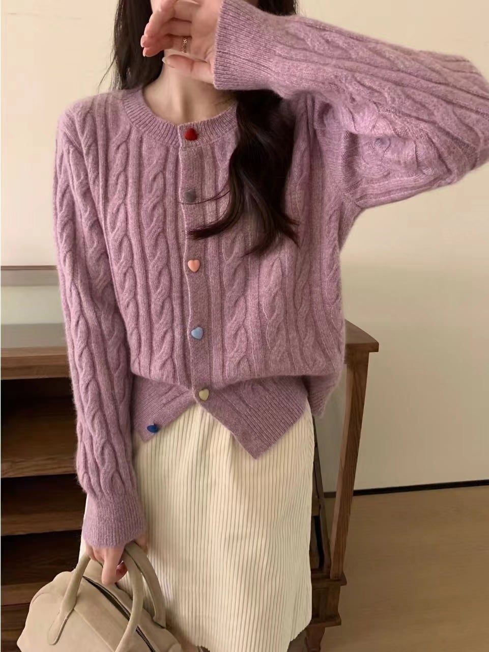【outer】ハート柄ボタンデザインニットカーデ　M27155