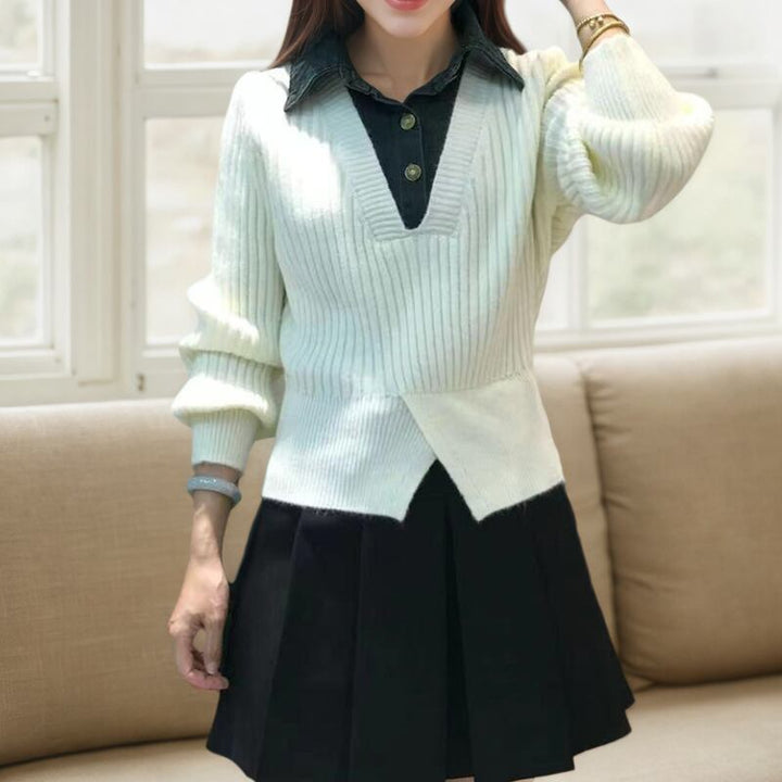 【tops】フェイクレイヤードニットトップス Q7714