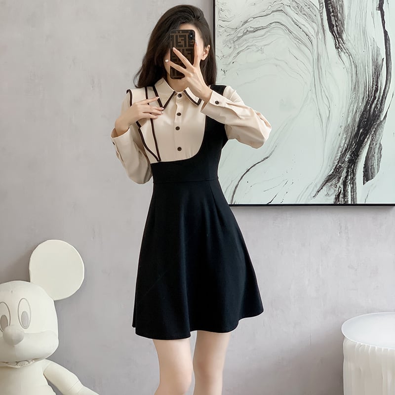 【dress】韓国系折り襟フリル切り替えデートワンピース　M17399