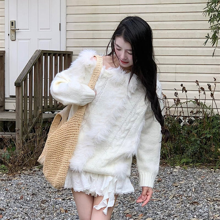 【tops】ファーオフショルダーニットセーター　M29444