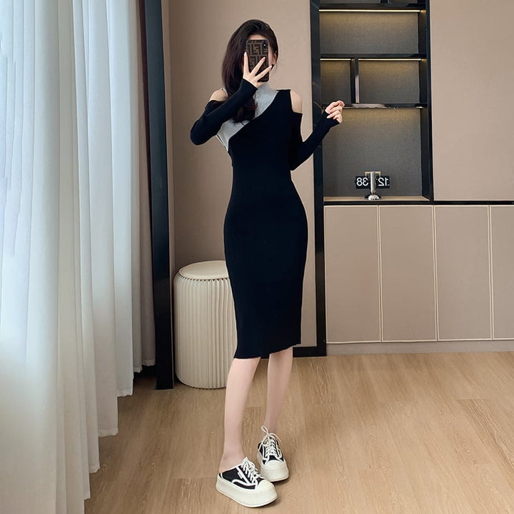【dress】韓国系オフショルダーニットワンピース　M17599