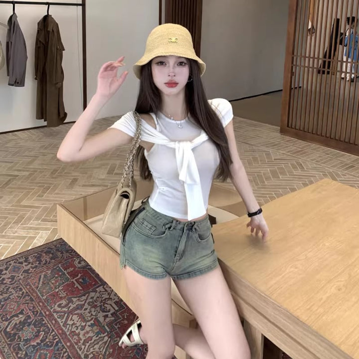 【tops】オープンショルダーフェイクレイヤードトップス Q8296