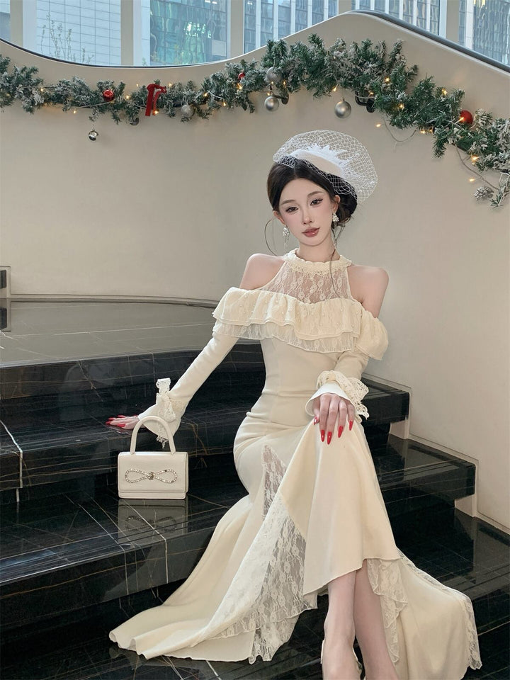 【dress】オフショルレースドッキングワンピース Q7878