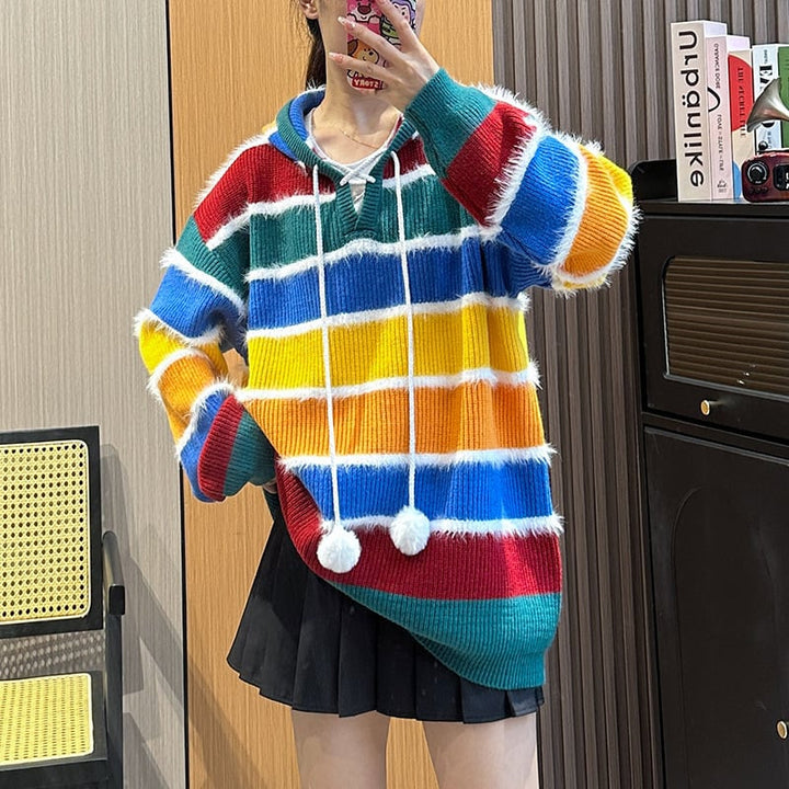【tops】ボーダー柄フード付きニットセーター　M18054