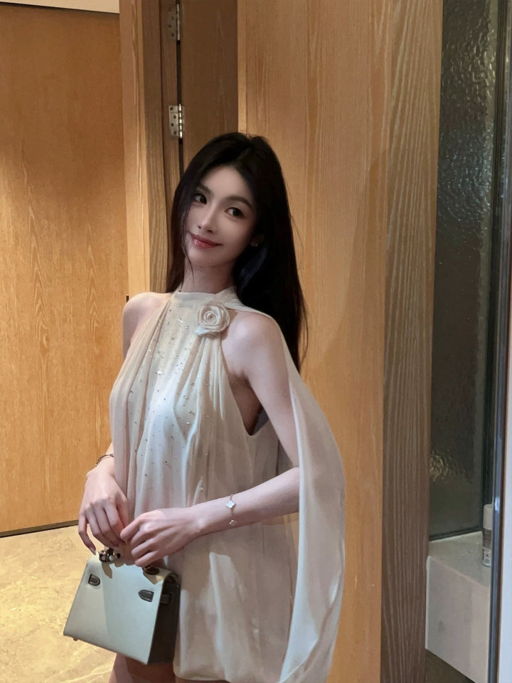 【dress】ラインストーン付きシフォンミニワンピース Q8345