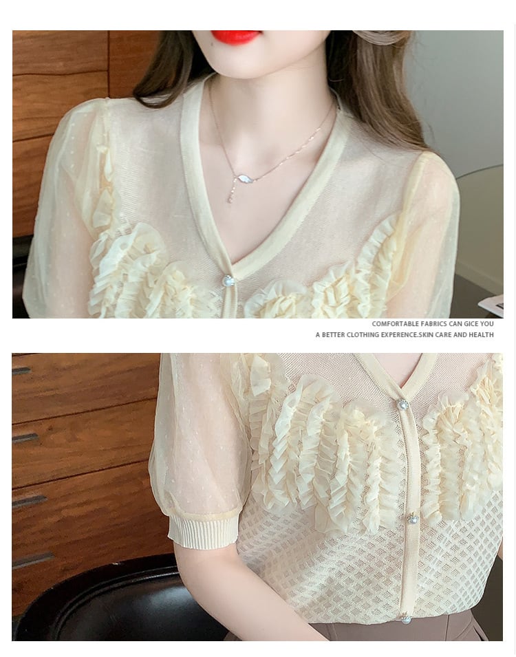 【tops】柔らかくて優しい印象薄手ニットシャツトップス　M17010