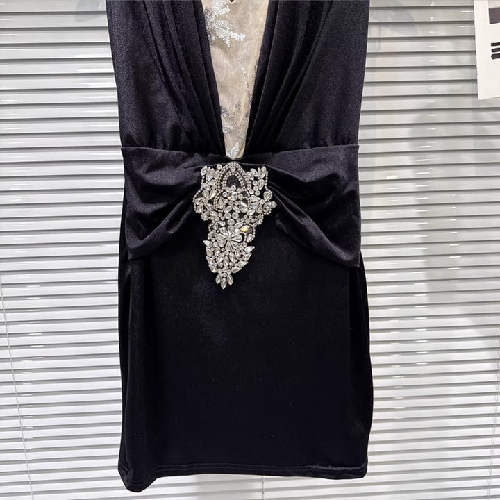 【dress】ラインストーン付きノースリーブホルターネックワンピース Q7894