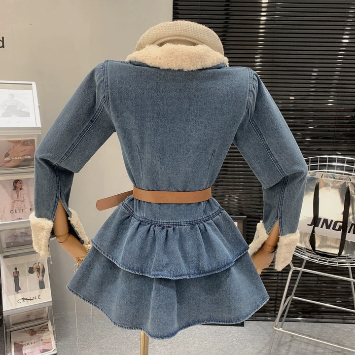 【dress】ファー付きデニムワンピース 　N2168