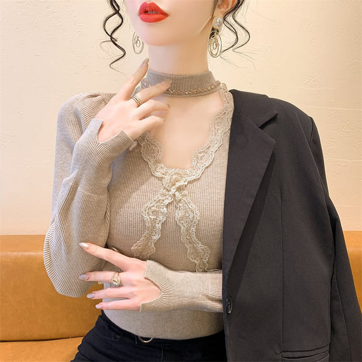 【tops】ビジューレース切り替えニットトップス　M27732