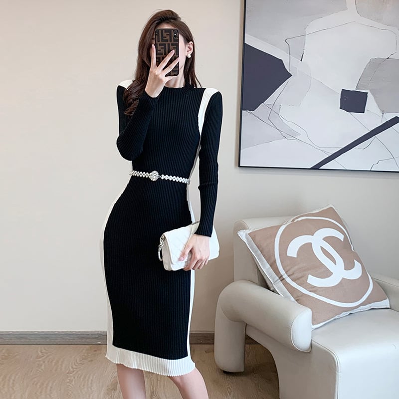 【dress】配色切り替えニットワンピースベルト付き　M17676