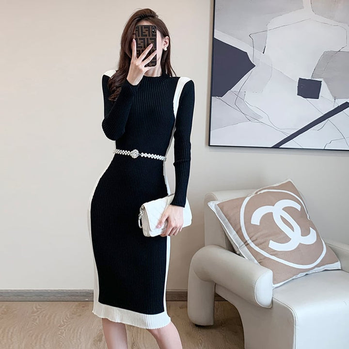 【dress】配色切り替えニットワンピースベルト付き　M17676