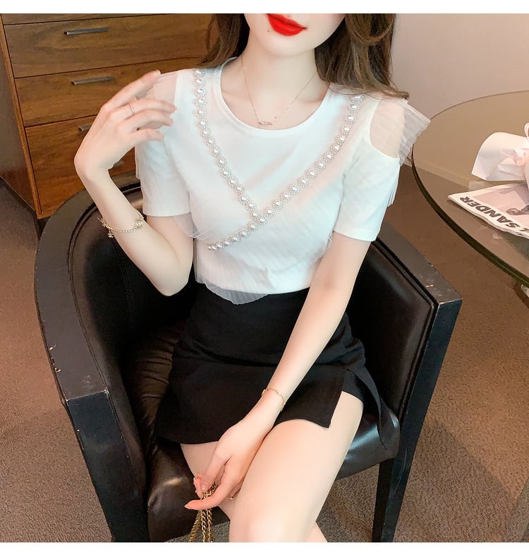【tops】好感度UP 切り替えオフショルダーTシャツトップス　M16841