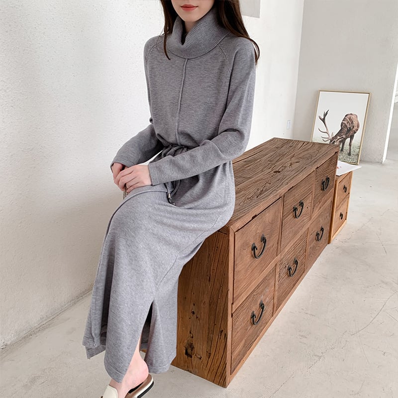 【dress】目立つ！ハイネック無地ニットワンピース　M17663