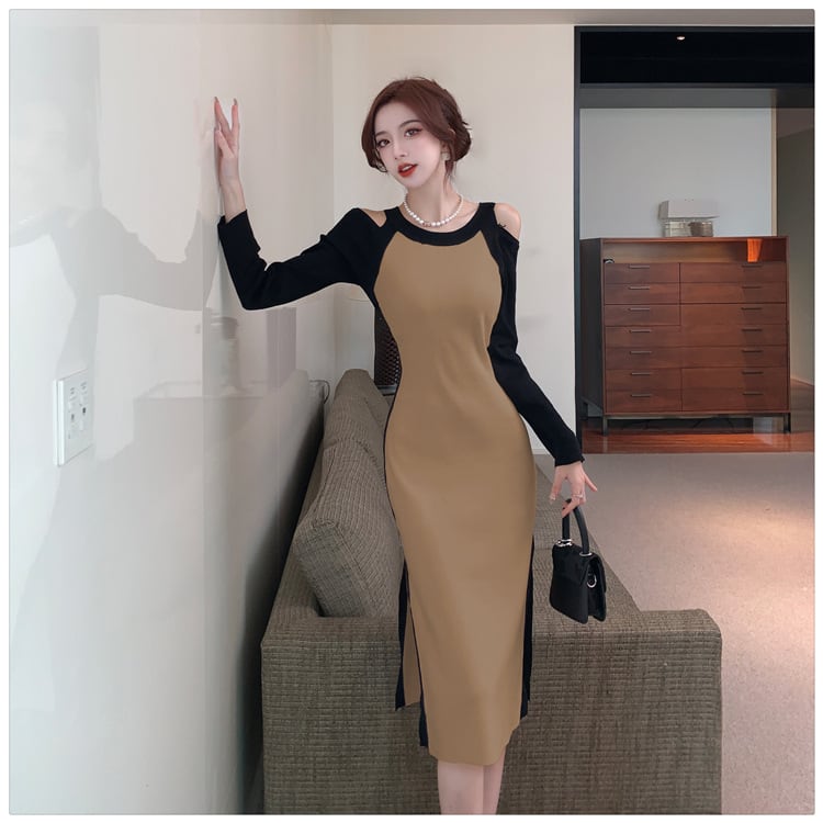 【dress】オフショルダースリットニットワンピース　M17920