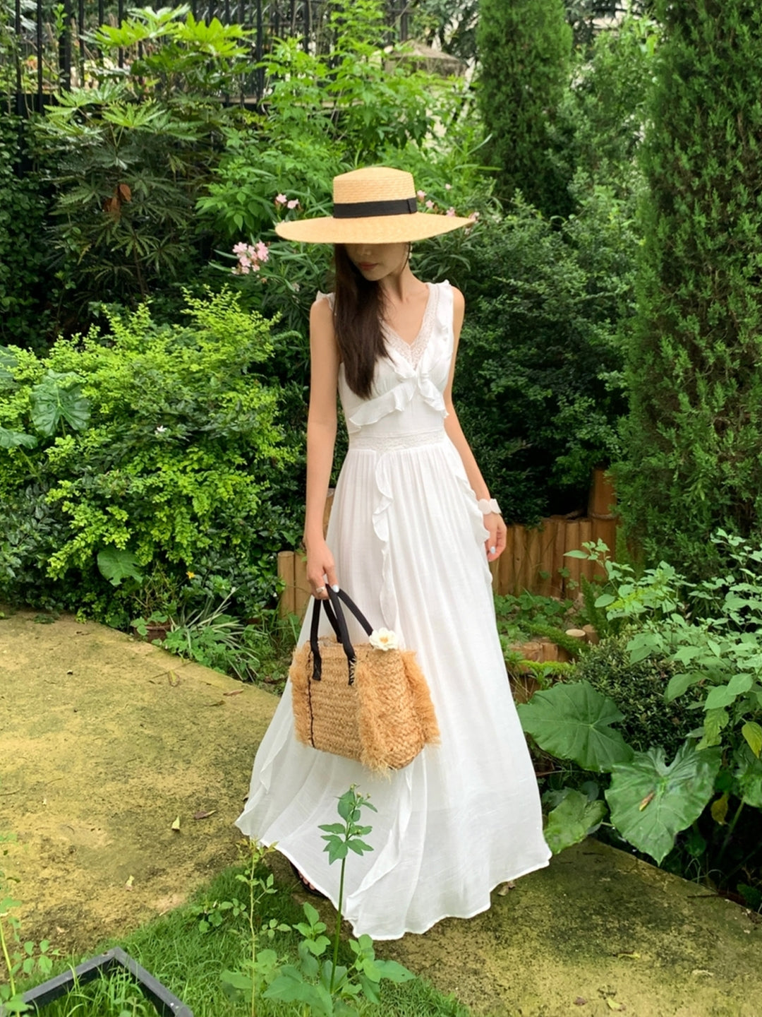 【dress】ノースリーブレースドッキングロングワンピース Q8657