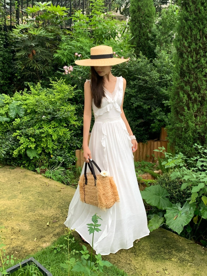 【dress】ノースリーブレースドッキングロングワンピース Q8657