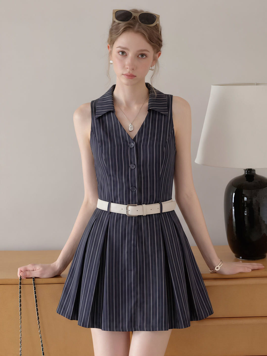 【dress】ノースリーブストライプ柄シャツワンピース Q8829