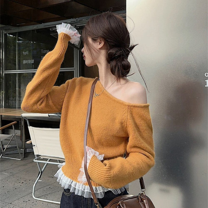 【tops】オフショルダーレース切り替えニットセーター　M28799
