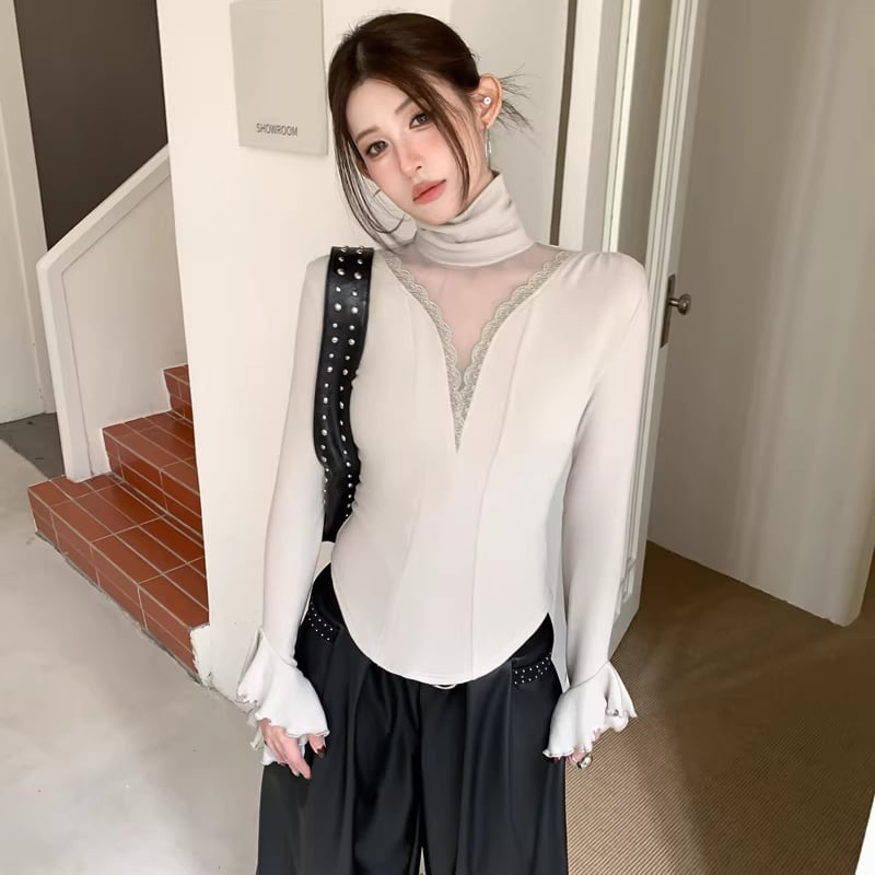 【tops】ハイネックチュールドッキングトップス Q8054